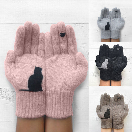 Cute Cat Print Knitted Thickened Warm Split Finger Gloves